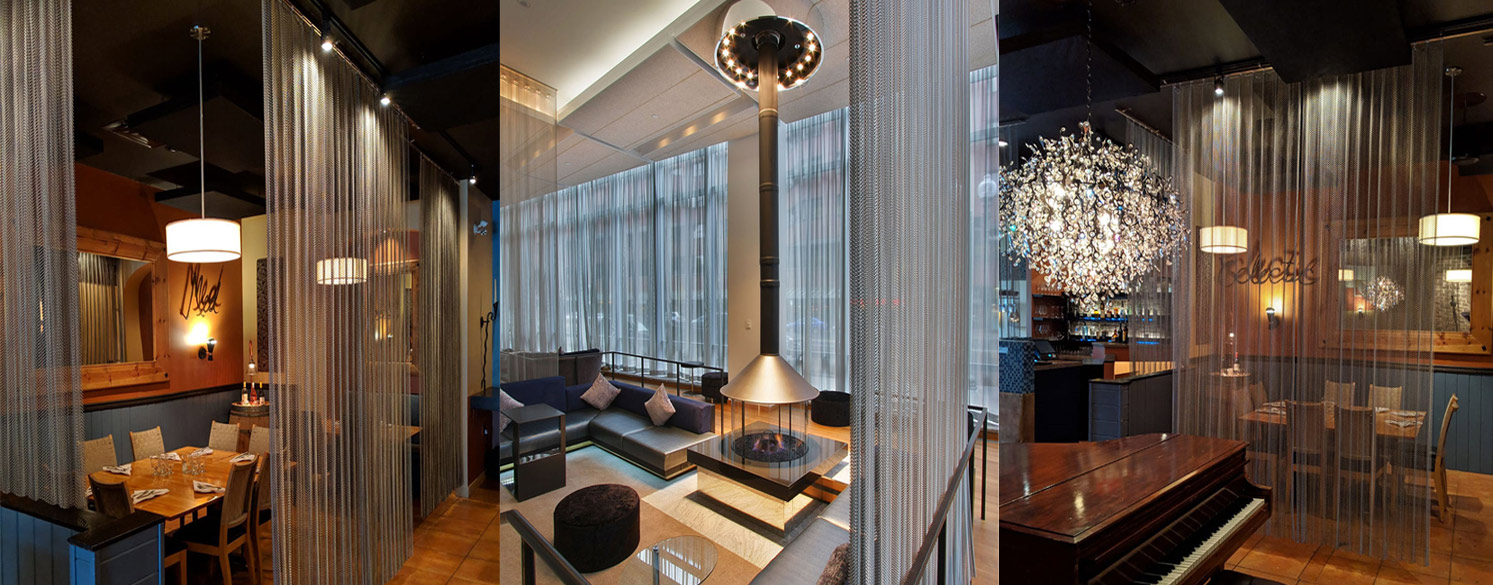 Interior partition with metal mesh curtain